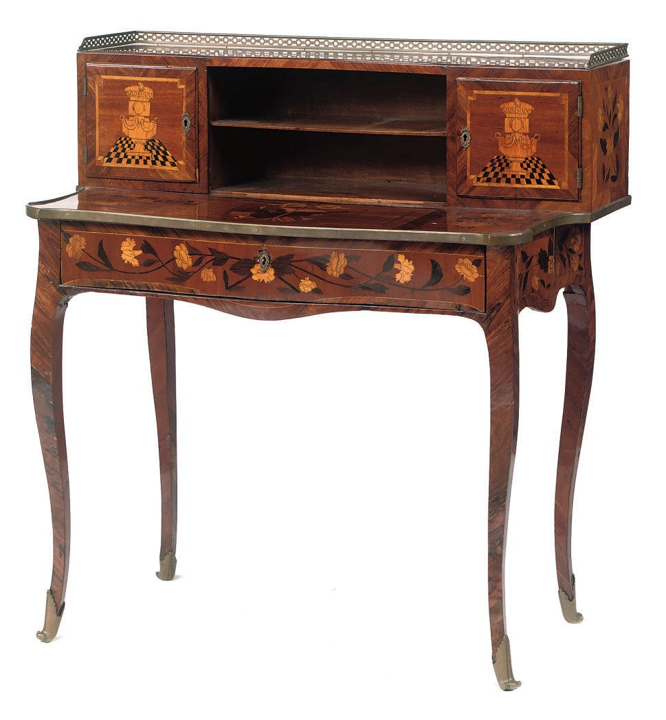 A FRENCH SATINWOOD, MAHOGANY AND FRUITWOOD MARQUETRY BONHEUR DU JOUR