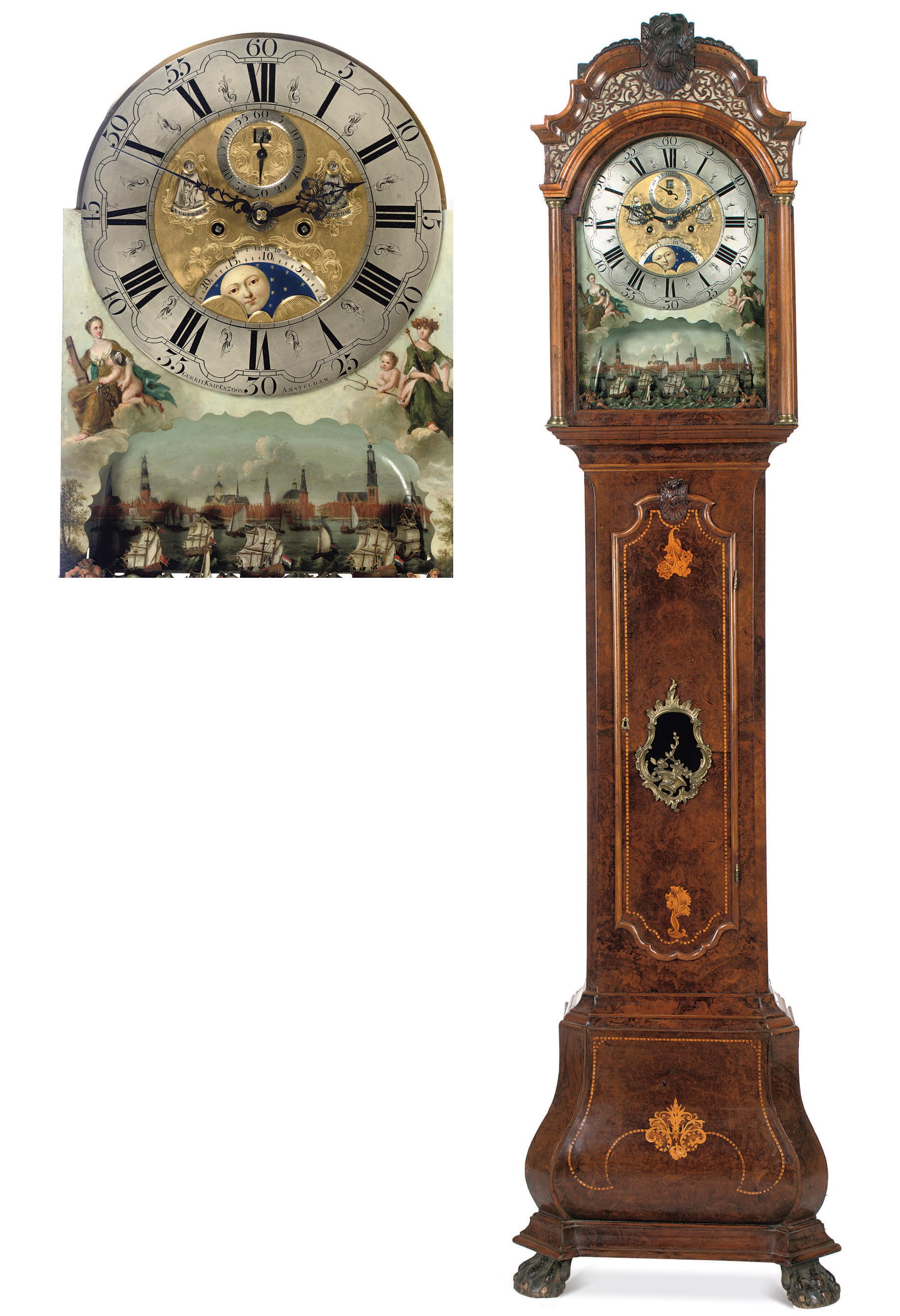 A DUTCH WALNUT AND BURR-WALNUT LONGCASE CLOCK WITH 'SCHEEPJESMECHANIEK' (AUTOMATON SHIPS)
