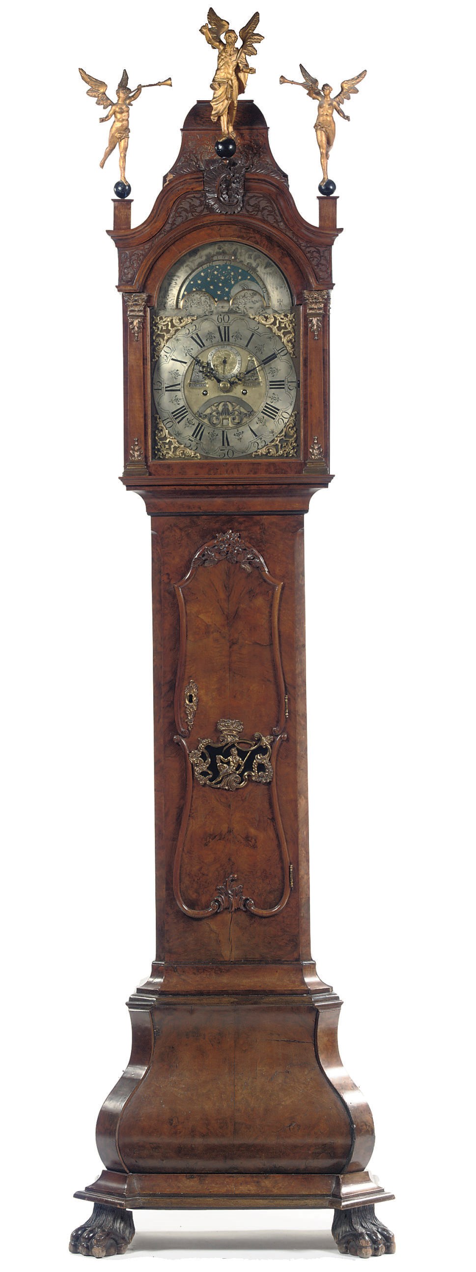 A DUTCH WALNUT AND BURR-WALNUT LONGCASE CLOCK WITH CALENDAR, MOONPHASE AND ALARM