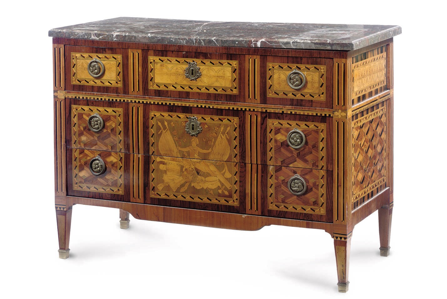 A NORTH ITALIAN BRASS-MOUNTED ROSEWOOD, TULIPWOOD AND FRUITWOOD MARQUETRY AND PARQUETRY COMMODE