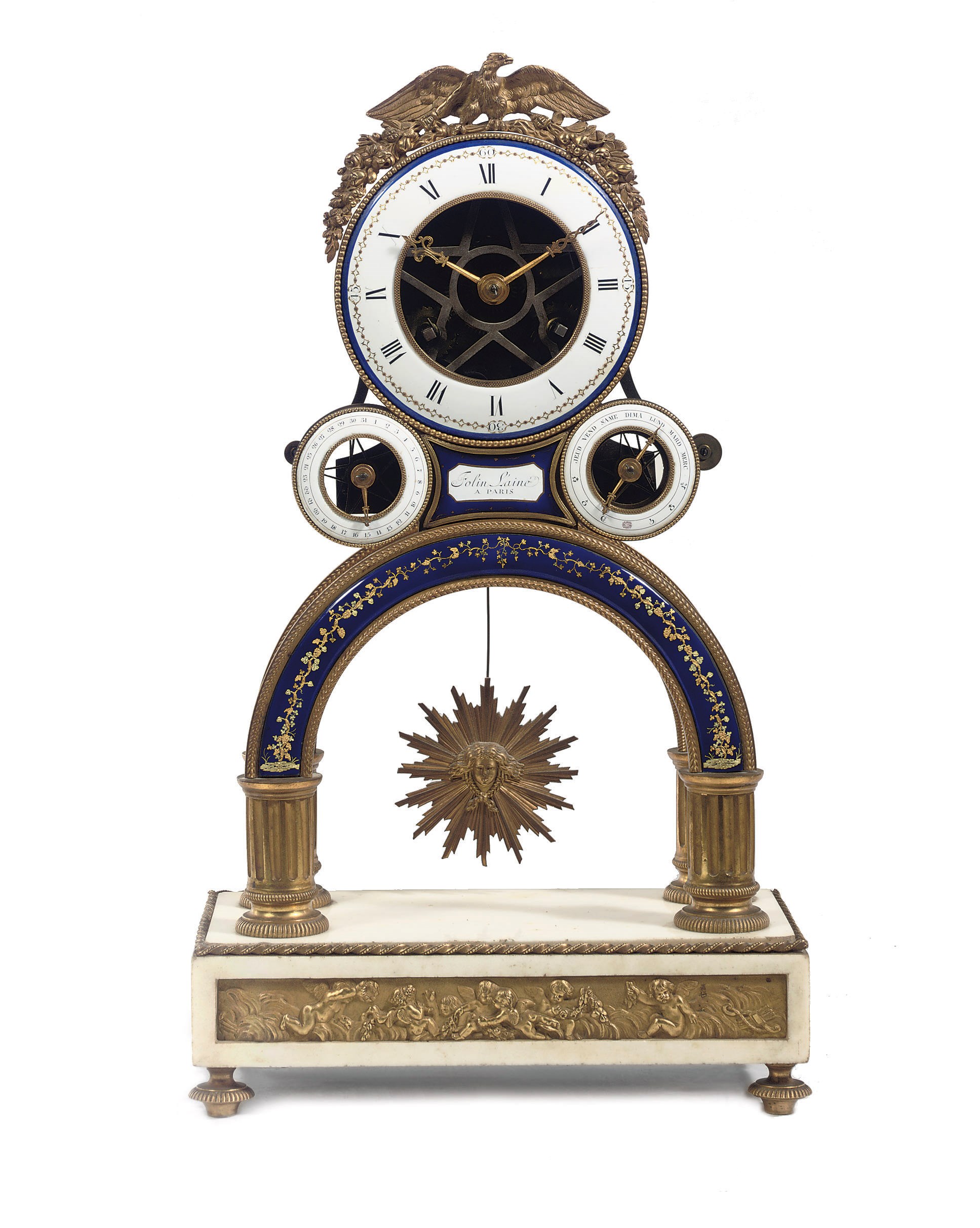 A DIRECTOIRE ORMOLU, ENAMEL AND WHITE MARBLE STRIKING SKELETON CLOCK WITH CALENDAR