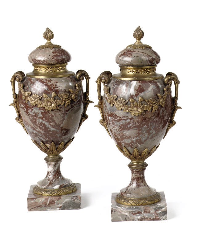 A PAIR OF ORMOLU-MOUNTED RED, GREY AND LIVER VEINED MARBLE VASES