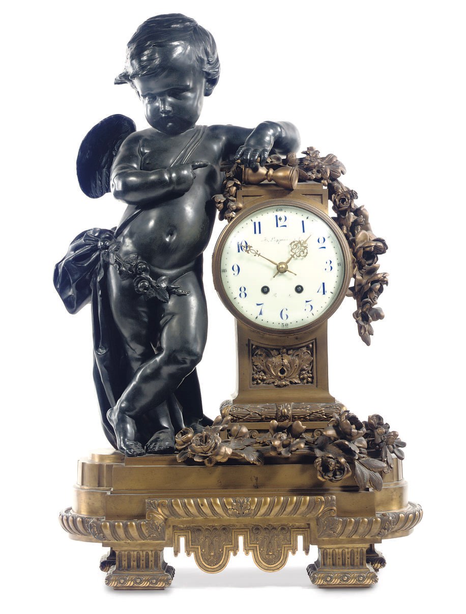 A LARGE BRUSSELS ORMOLU AND PATINATED BRONZE FIGURAL STRIKING TABLE CLOCK