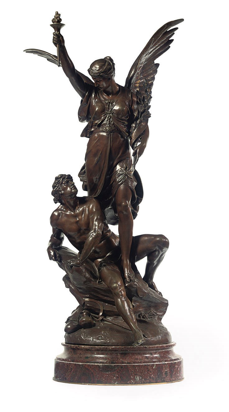 A FRENCH BRONZE GROUP OF VICTORY AND A YOUNG MAN 'LA GENIE DU PROGRESS'