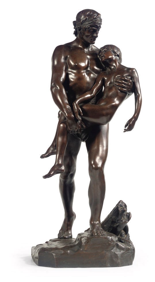 A BRONZE GROUP OF A MAN CARRYING A BOY 'SAVED FROM DROWNING'