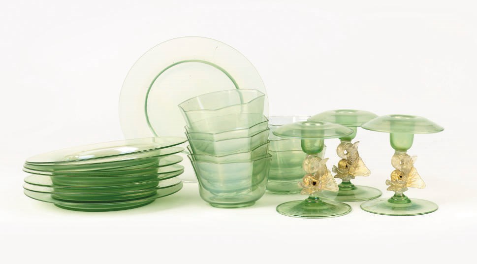 A Murano green-tinted glass part table-service