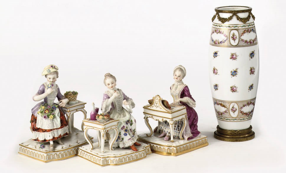 Three Meissen porcelain figures emblematic of the Senses