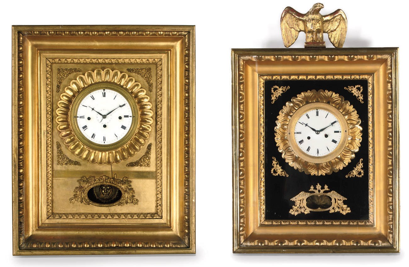 AN AUSTRIAN CARVED GILTWOOD AND GILT-METAL MOUNTED PICTURE CLOCK WITH GRAND SONNERIE AND CALENDAR