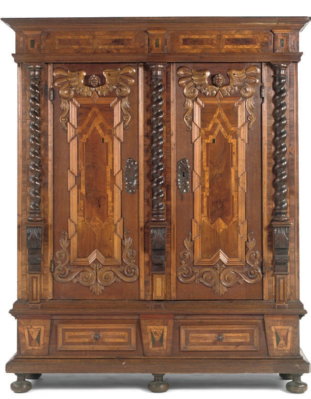 A SOUTH-GERMAN WALNUT AND FRUITWOOD CUPBOARD