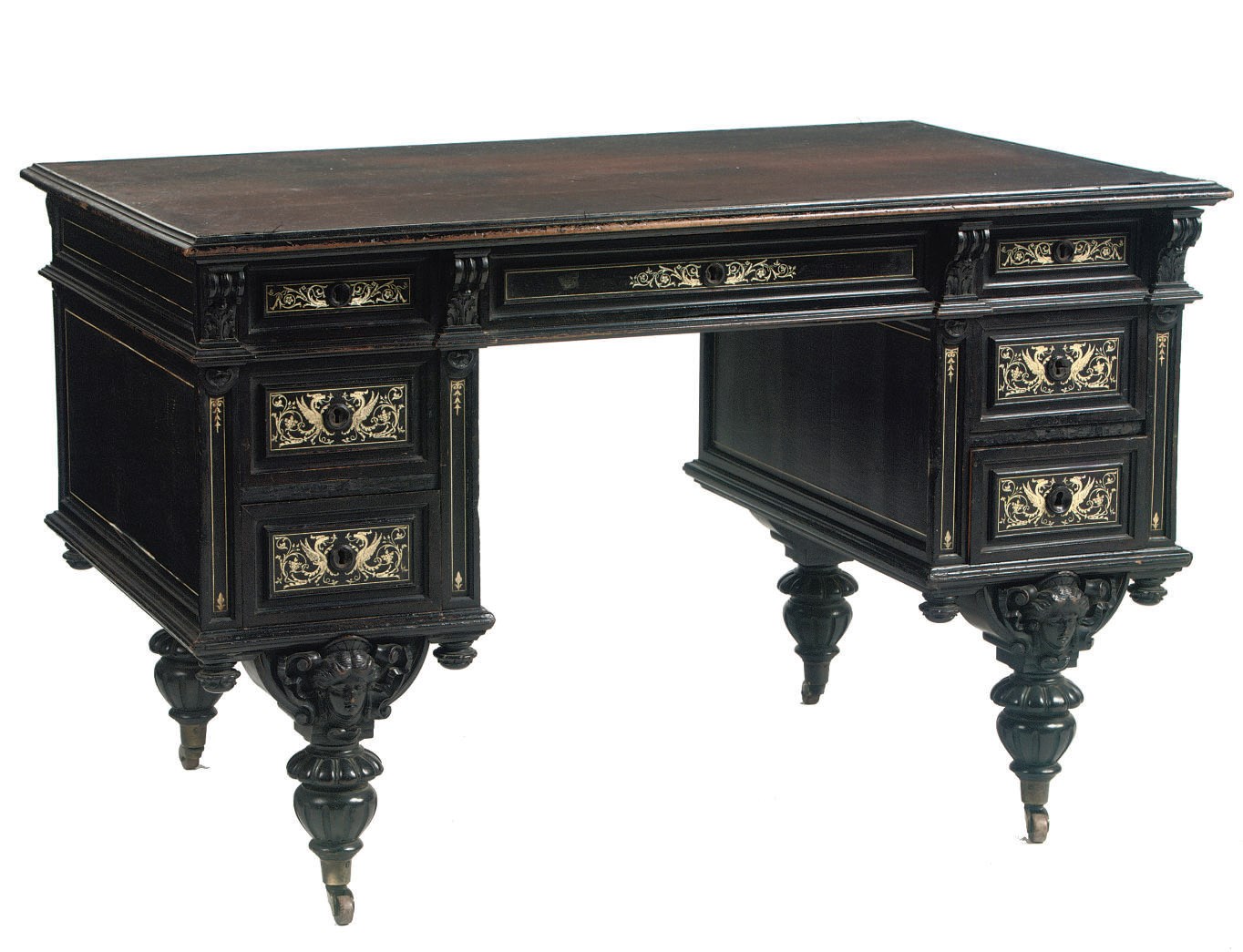 AN AUSTRIAN EBONIZED AND BONE-INLAID WRITING TABLE