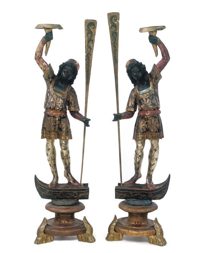 A PAIR OF VENETIAN PARCEL-GILT POLYCHROME CARVED WOOD BLACKAMOORS