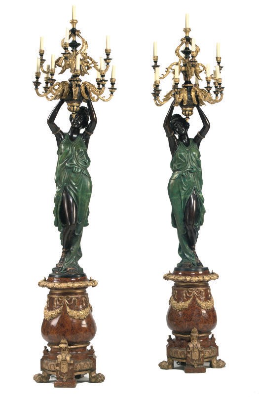 A PAIR OF POLYCHROME-PAINTED METAL TWELVE-LIGHT CANDELABRA