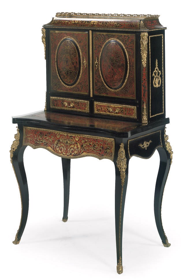 A FRENCH TORTOISESHELL AND BRASS-INLAID EBONIZED BOULLE MARQUETRY BONHEUR DU JOUR
