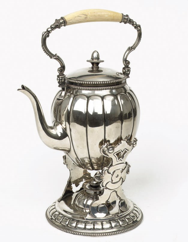 A Dutch silver bouilloire and cover on stand and lamp
