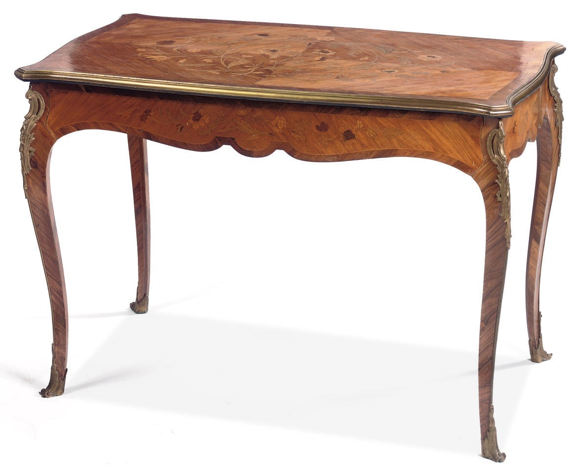 A FRENCH ORMOLU-MOUNTED ROSEWOOD, TULIPWOOD AND FRUITWOOD MARQUETRY CENTRE TABLE