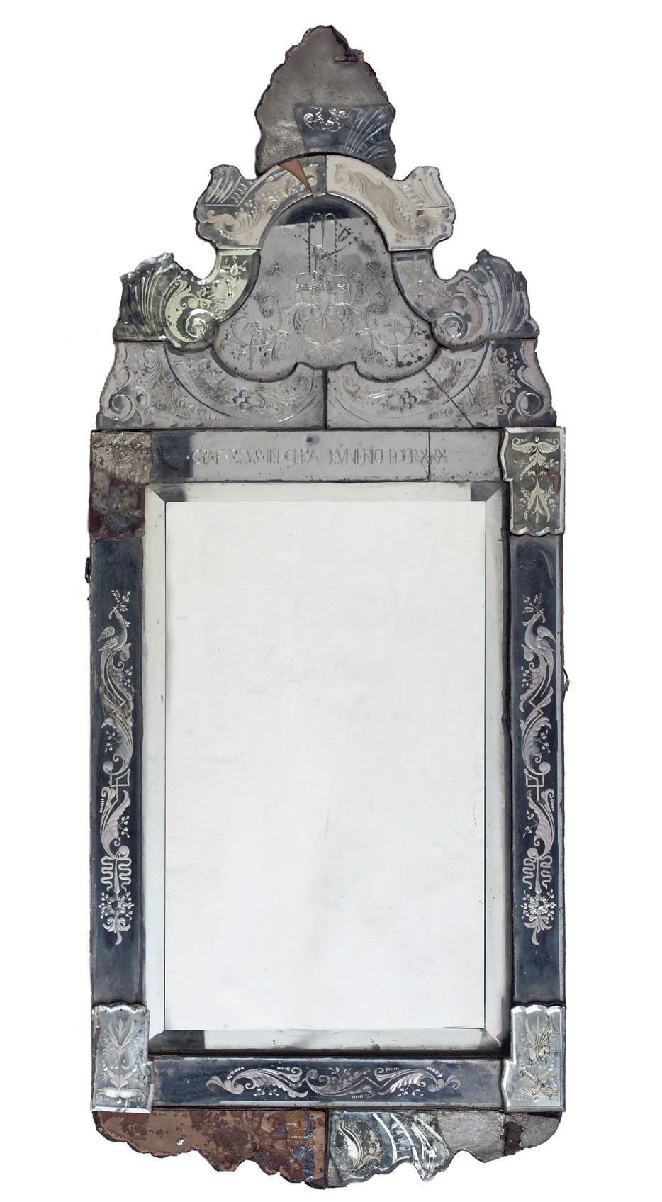 A GERMAN ENGRAVED AND ETCHED MIRROR