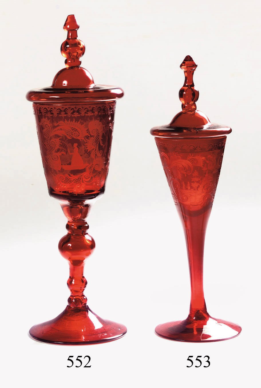 An engraved Bohemian ruby goblet and cover