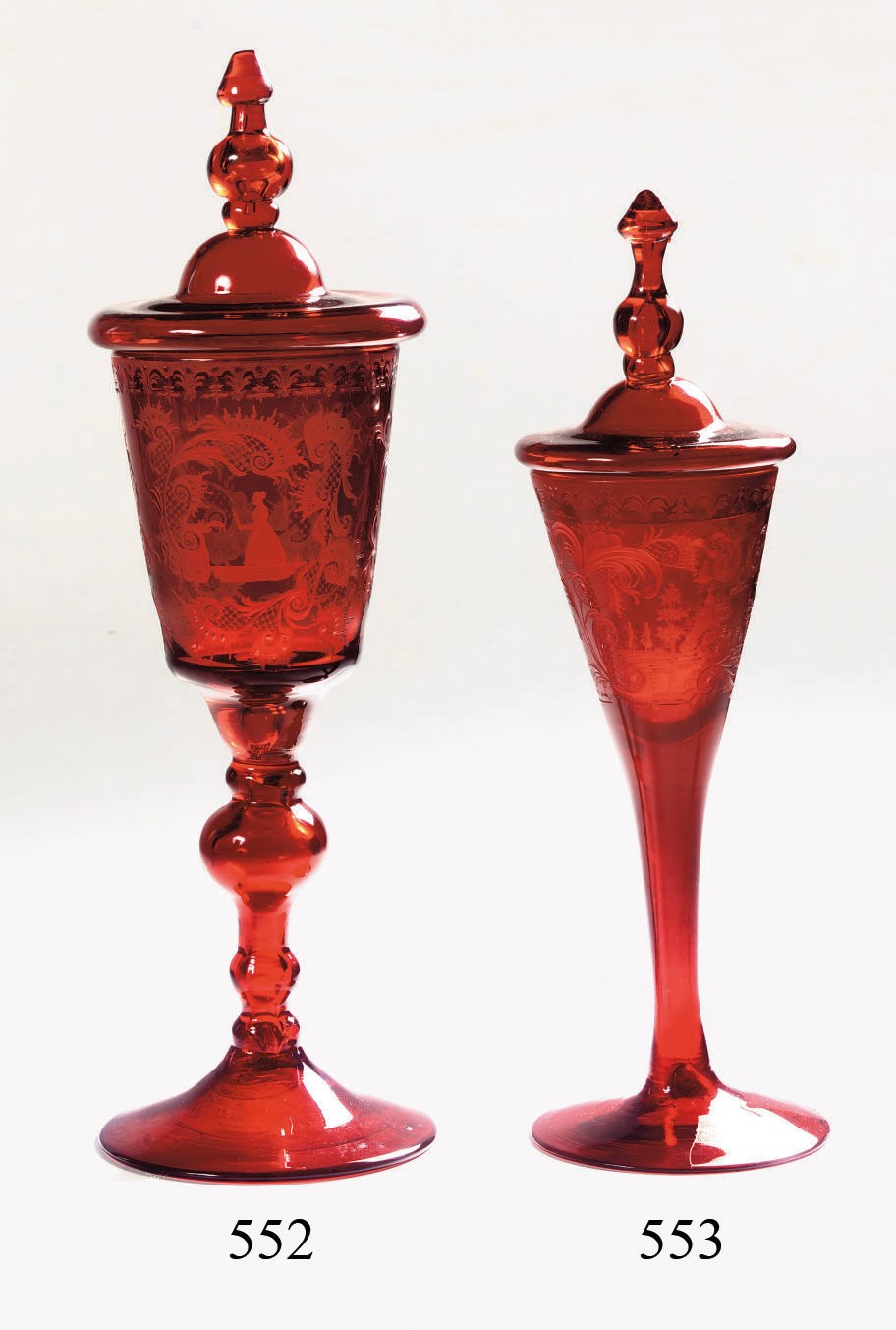 An engraved Bohemian ruby goblet and cover