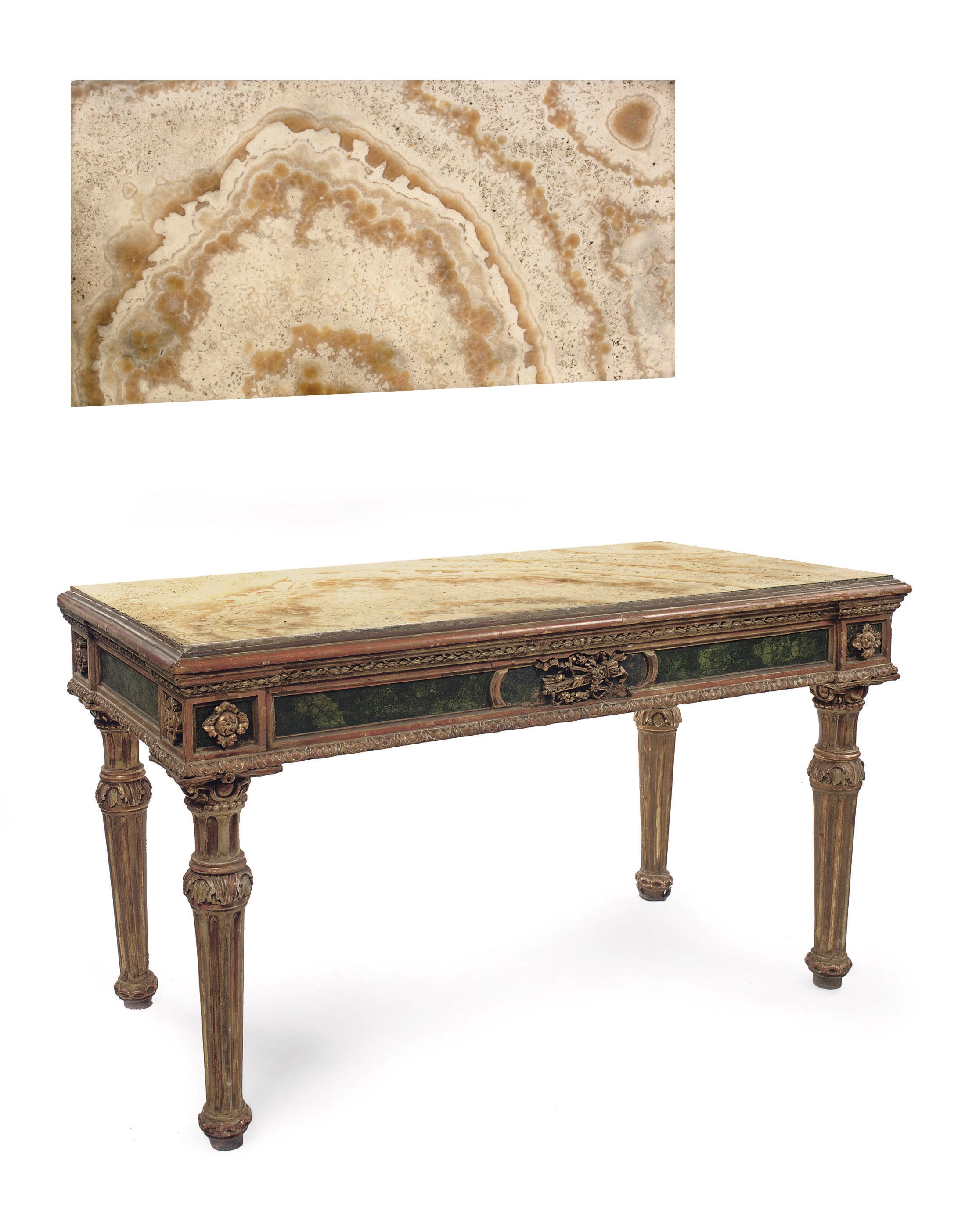 AN ITALIAN PARCEL-GILT AND SIMULATED MALACHITE CONSOLE TABLE