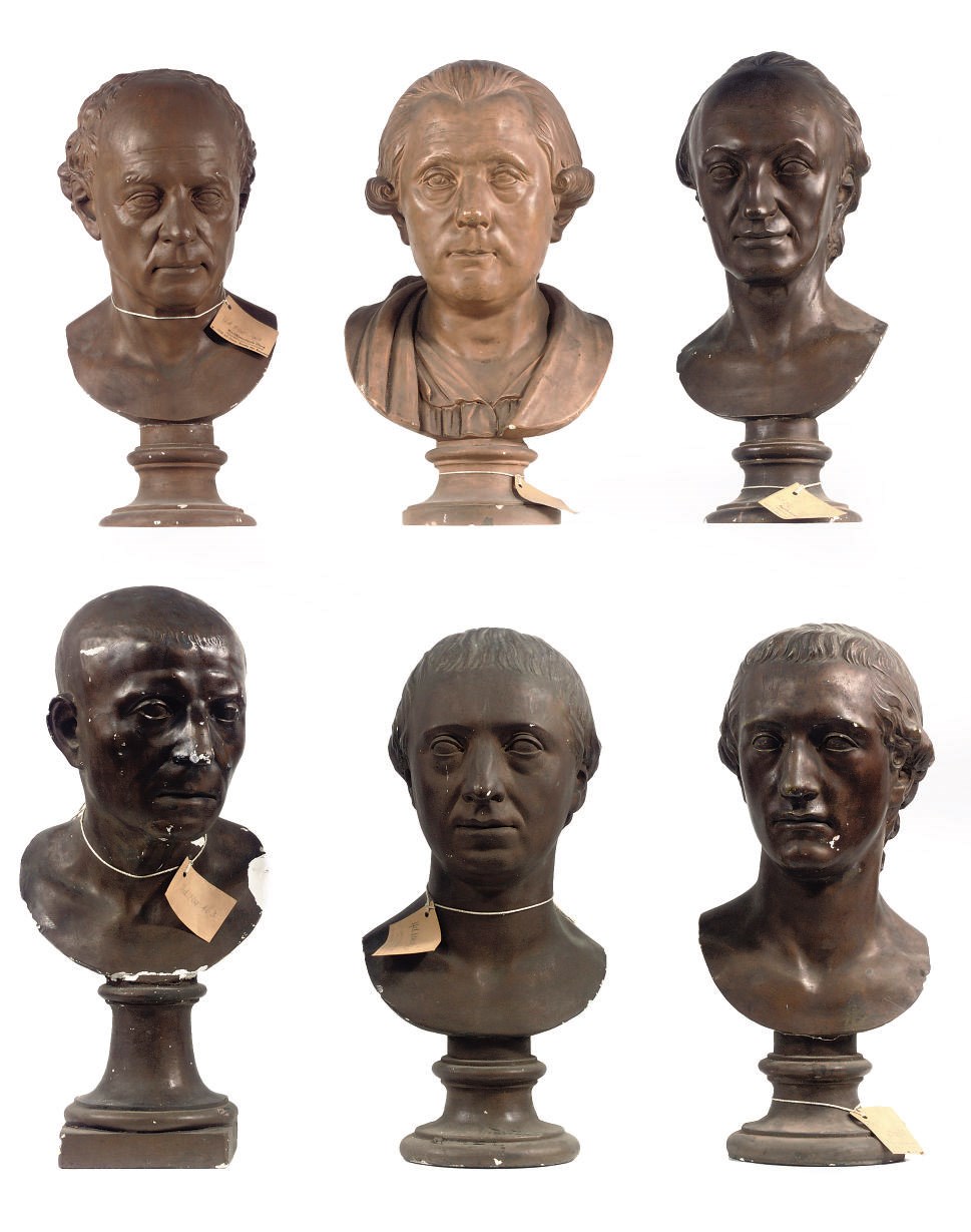 SIX GERMAN BROWN PAINTED PLASTER BUSTS