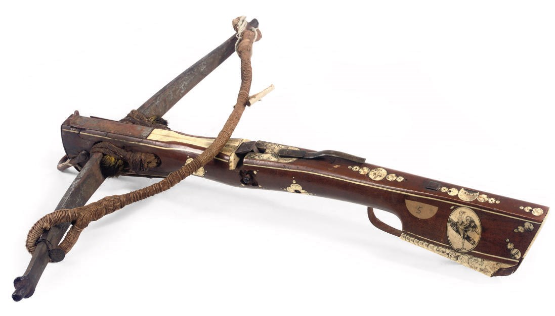 A GERMAN WALNUT AND BONE INLAID SPORTING CROSSBOW