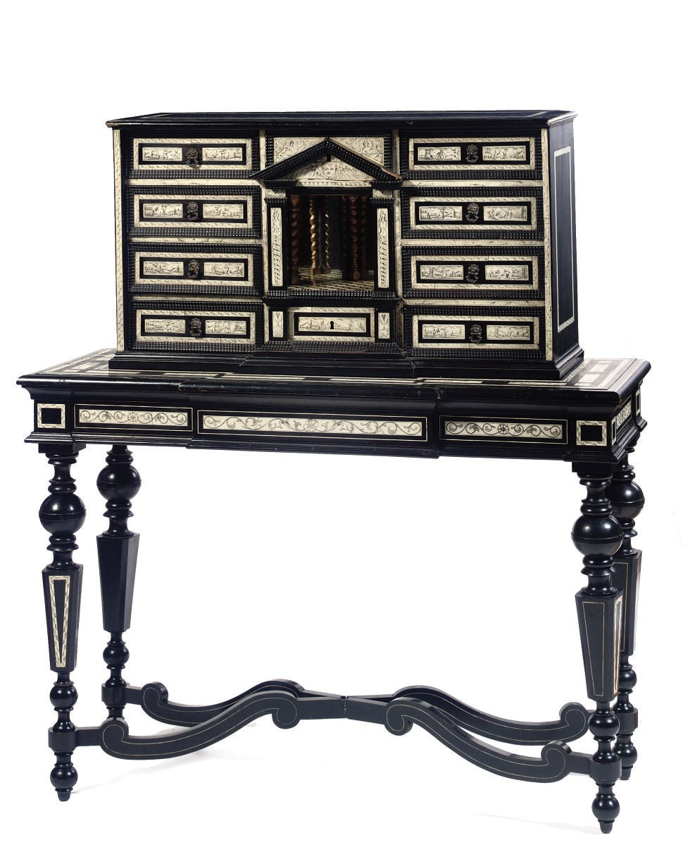 AN ITALIAN EBONY, EBONIZED AND ENGRAVED BONE MARQUETRY CABINET-ON-STAND