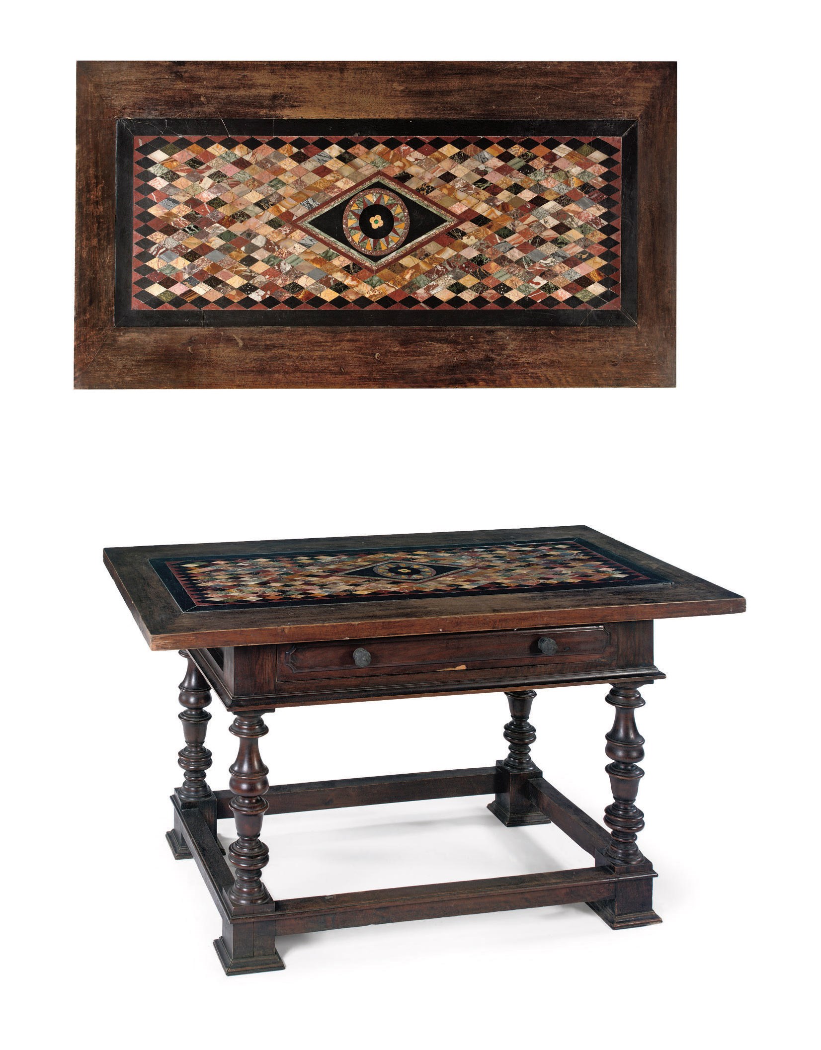 AN AUSTRIAN WALNUT CENTRE TABLE WITH SPECIMEN MARBLE TOP