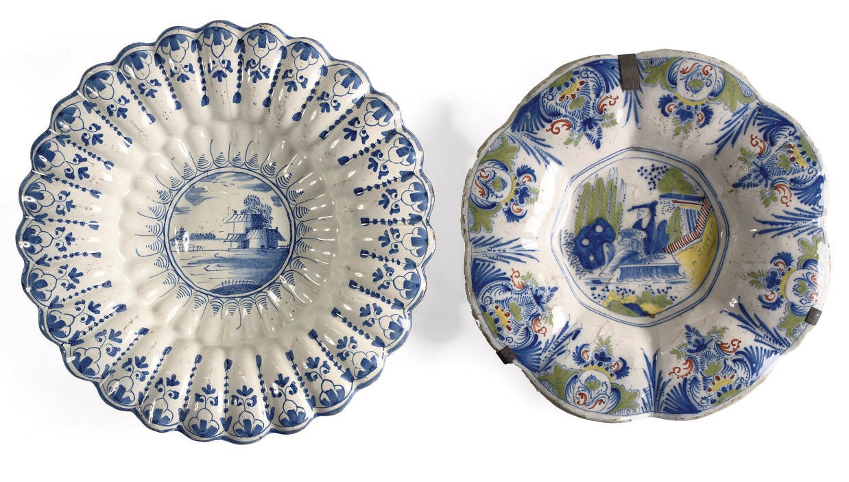 A Hanau delftware polychrome Chinoiserie gadrooned dish and a Frankfurt blue and white gadrooned dish