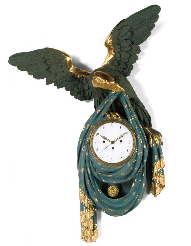 AN AUSTRIAN PARCEL-GILT AND GREEN PAINTED CARVED WOOD GRANDE-SONNERIE WALL CLOCK WITH CALENDAR