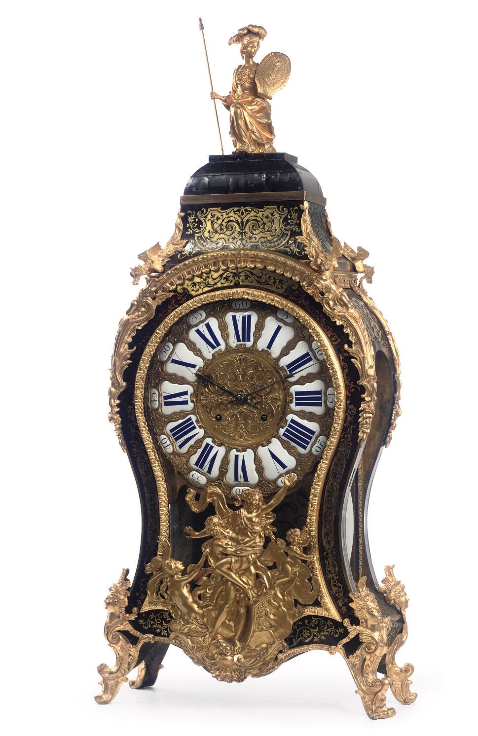 A LARGE FRENCH ORMOLU-MOUNTED, TORTOISESHELL AND BRASS INLAID STRIKING BRACKET CLOCK