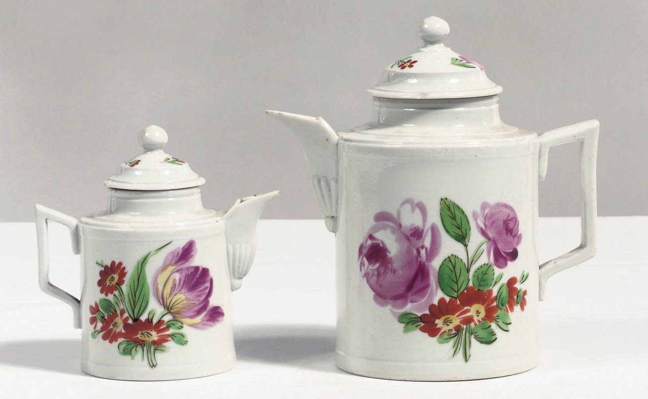 A Thüringen porcelain polychrome coffee-can and cover and milk-jug and cover
