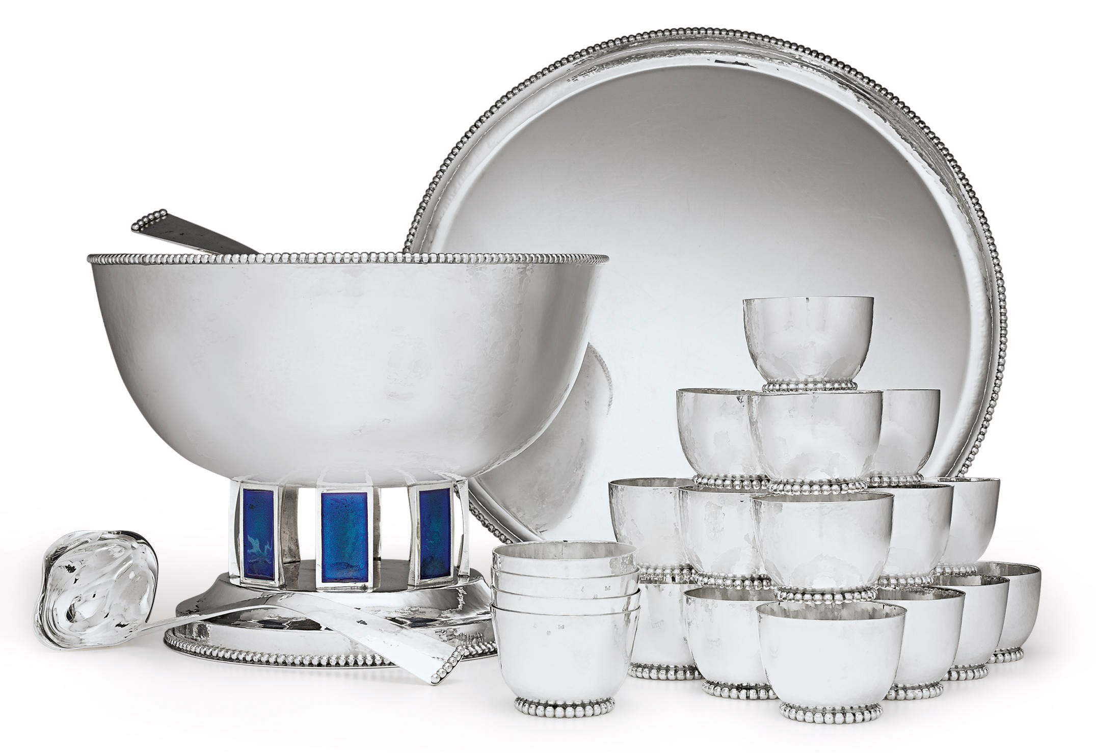 A SILVER AND ENAMEL PUNCH SERVICE