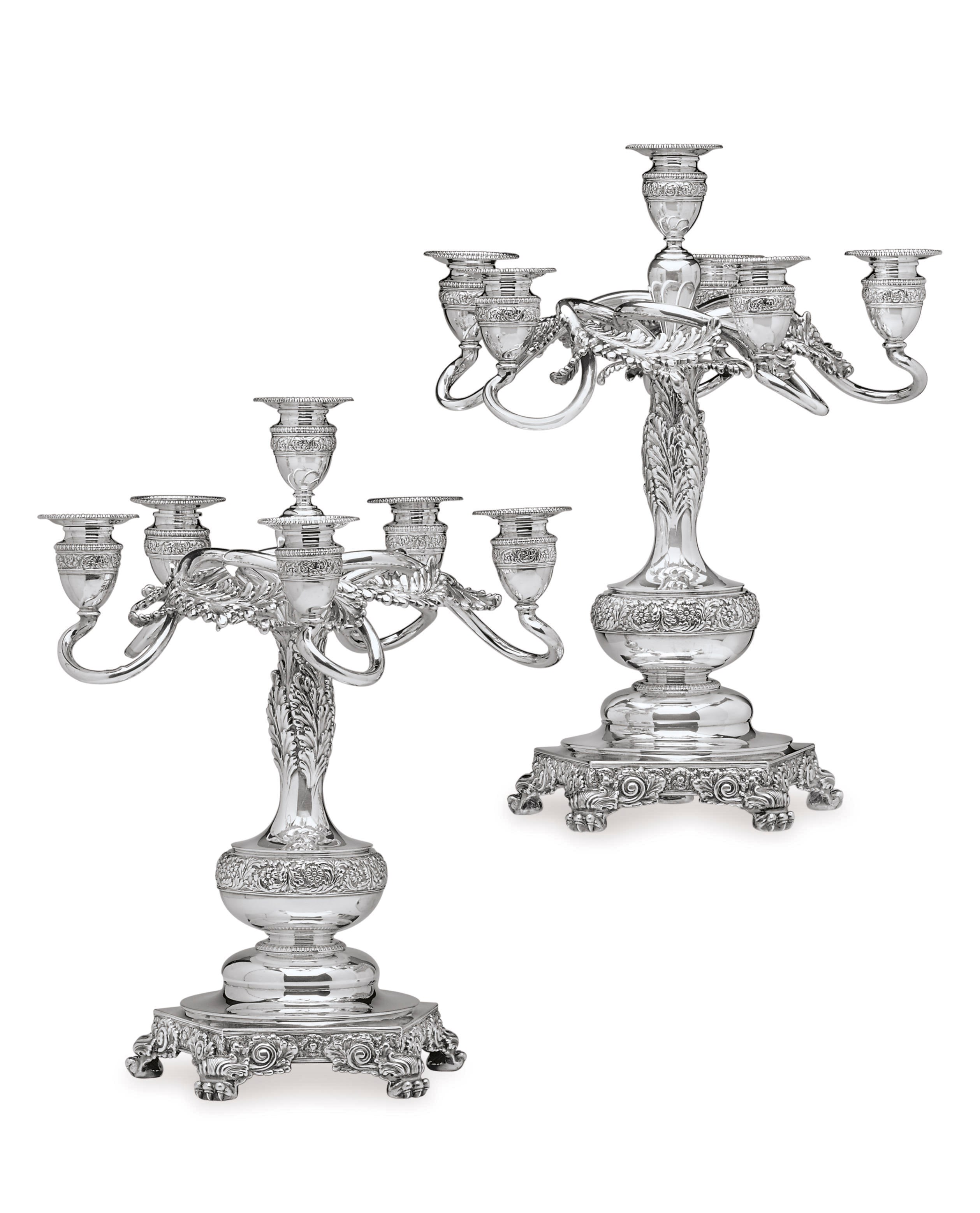 A PAIR OF SILVER SIX-LIGHT CANDELABRA