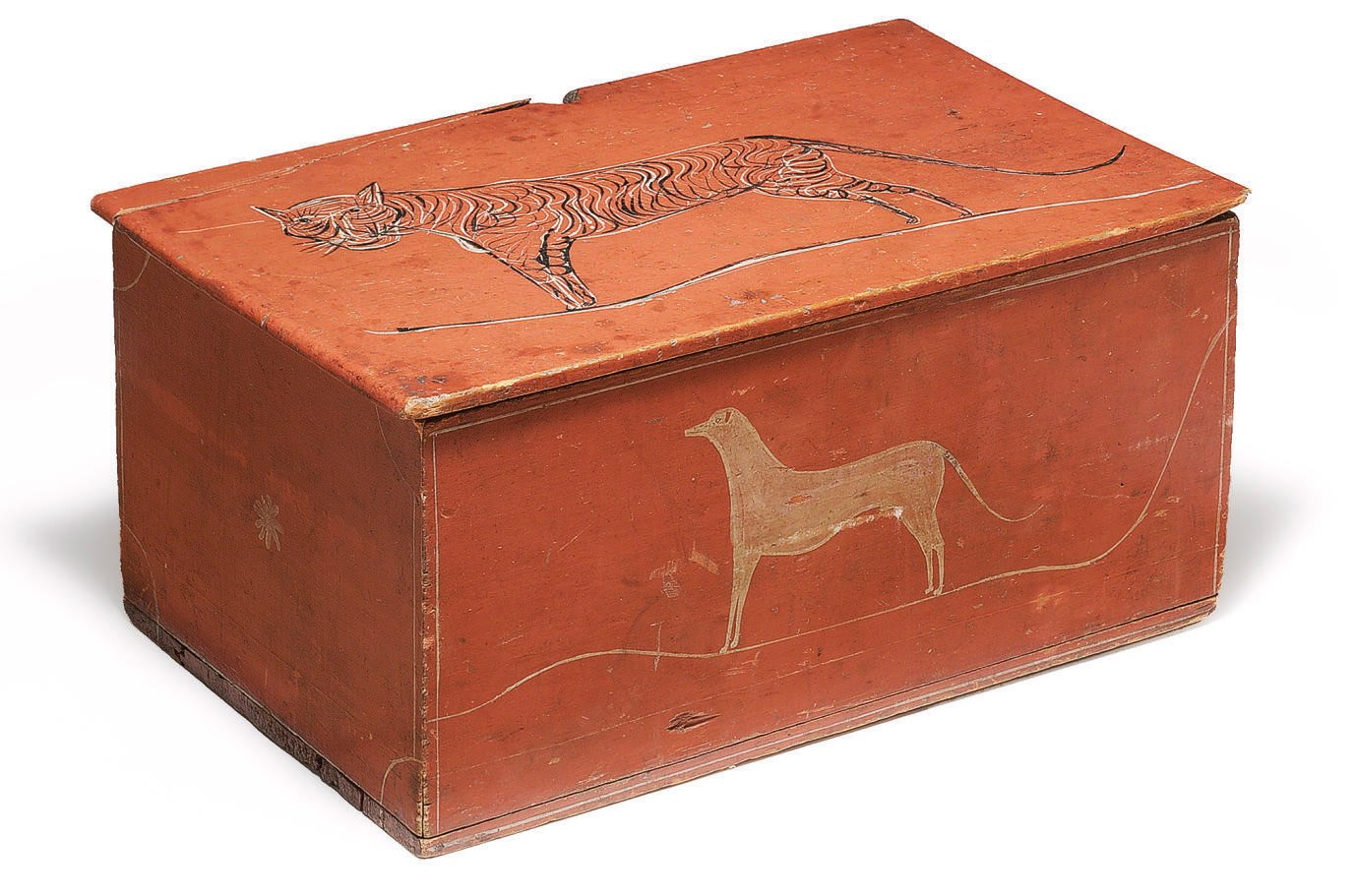A RED PAINTED AND ANIMAL DECORATED PINE BOX