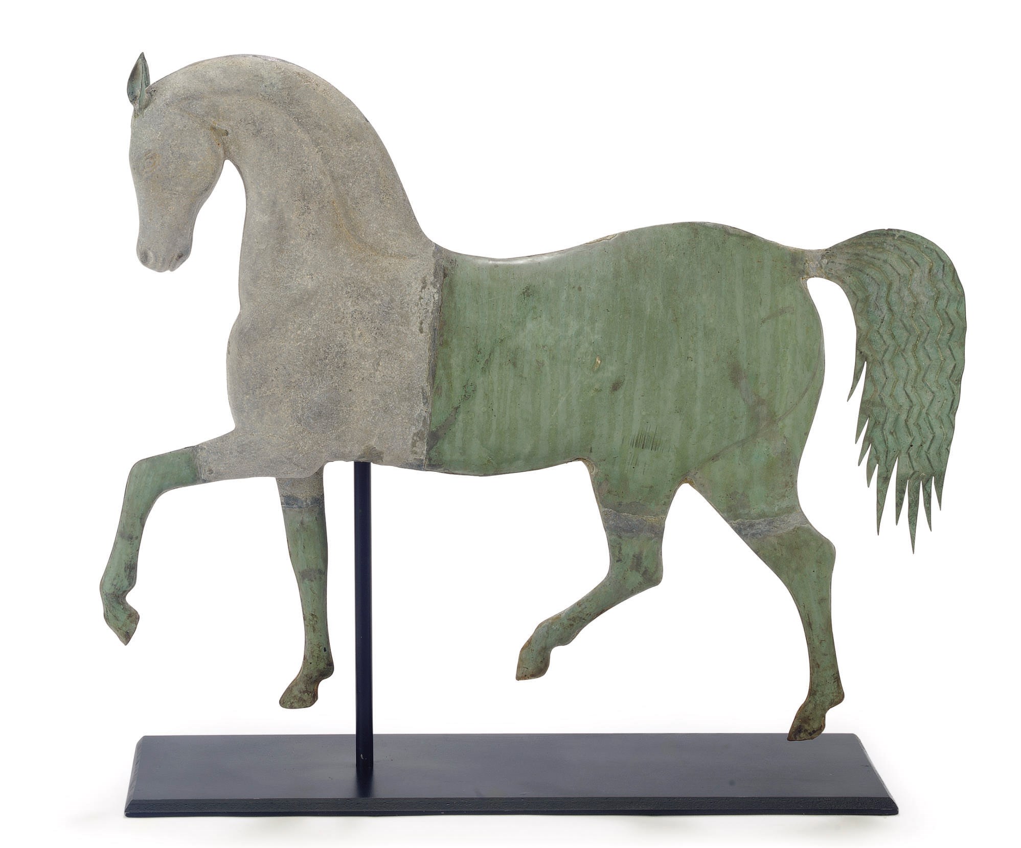 A MOLDED COPPER AND ZINC TROTTING HORSE WEATHERVANE