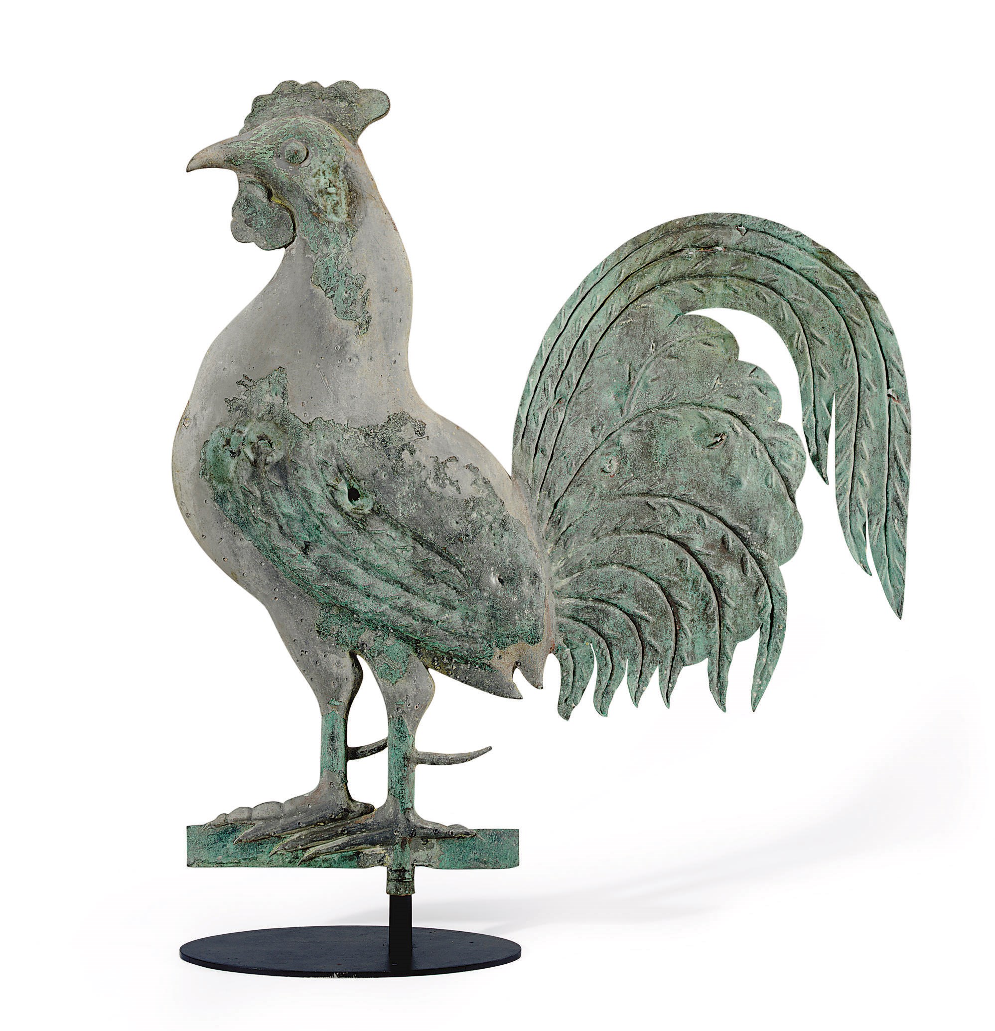 A MOLDED ZINC AND COPPER SHEET-METAL ROOSTER WEATHERVANE
