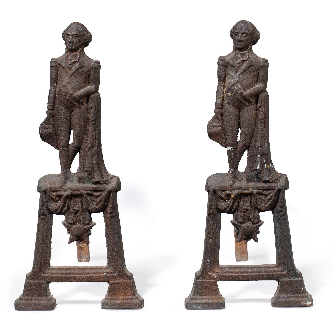 A PAIR OF CAST IRON GEORGE WASHINGTON ANDIRONS