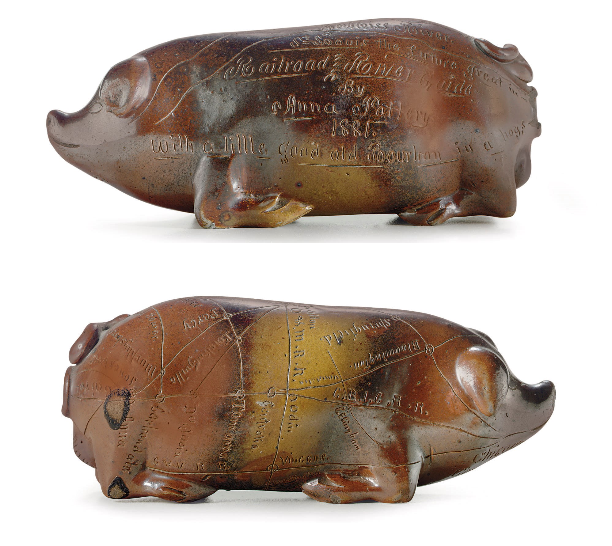 A MOLDED AND INCISED STONEWARE RAILROAD AND RIVER GUIDE PIG FLASK
