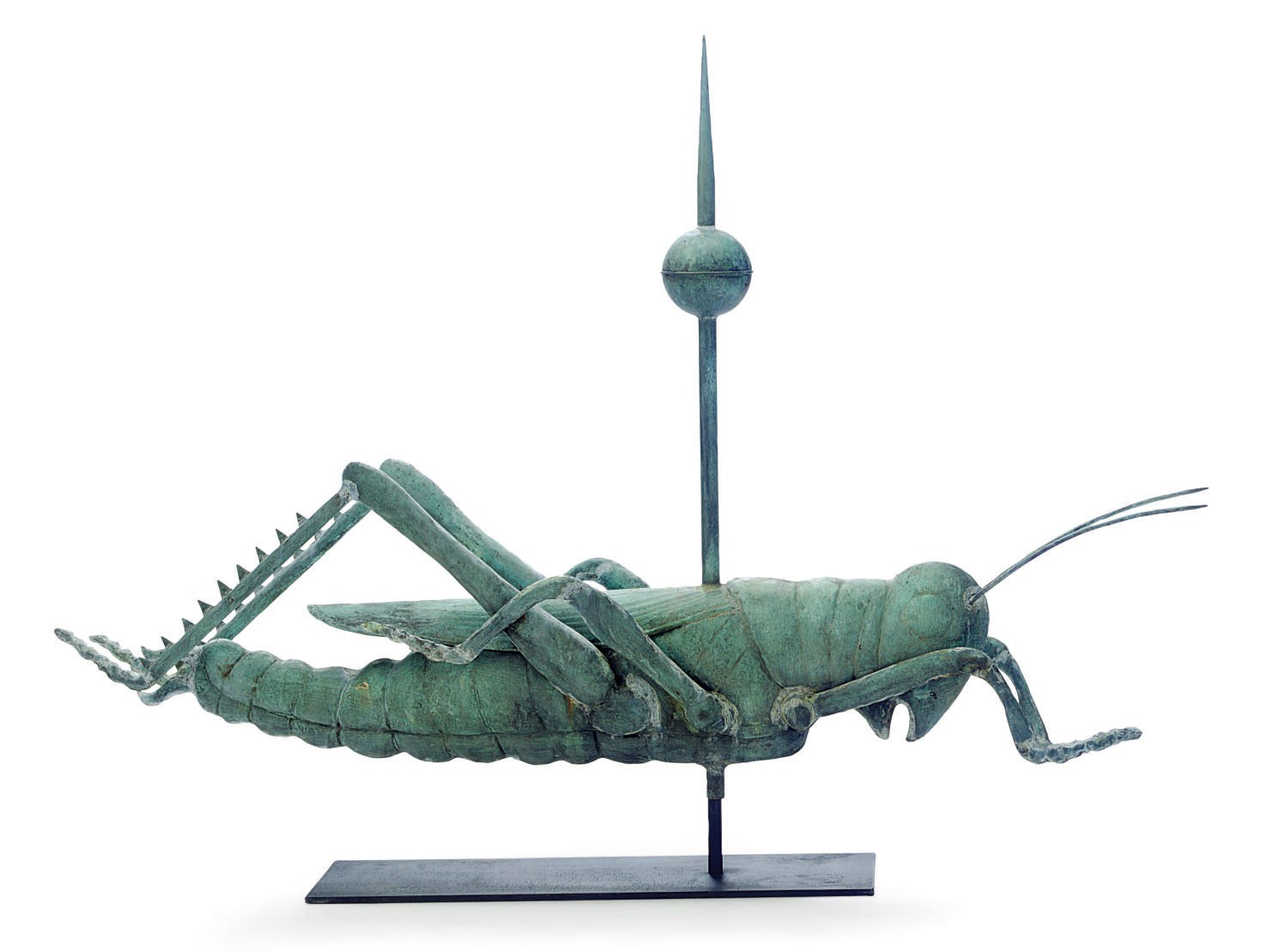 A MOLDED COPPER AND ZINC GRASSHOPPER WEATHERVANE