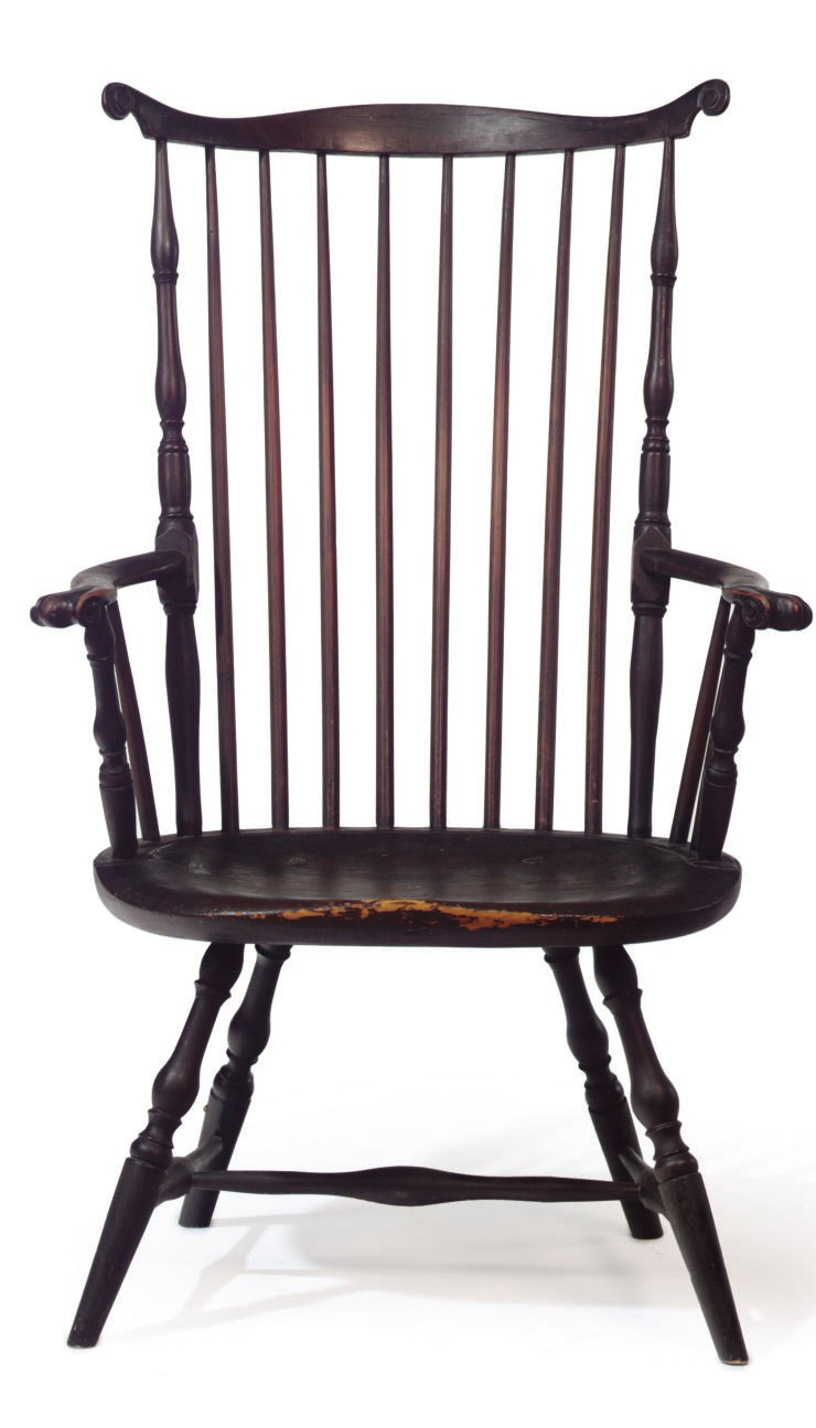 A BROWN PAINTED HIGH-BACK WINDSOR ARMCHAIR