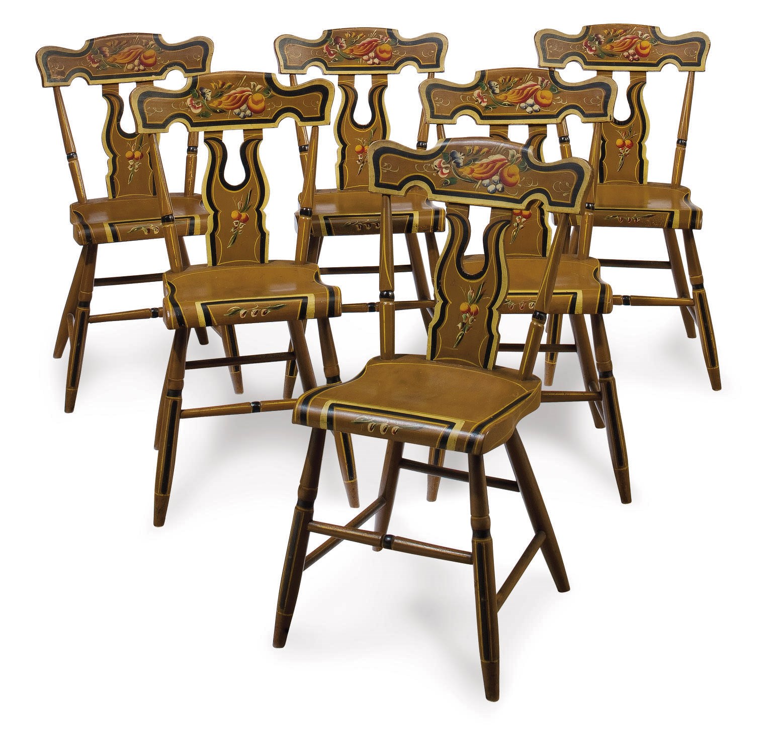A SET OF SIX CLASSICAL POLYCHROME AND PAINT-DECORATED DINING CHAIRS
