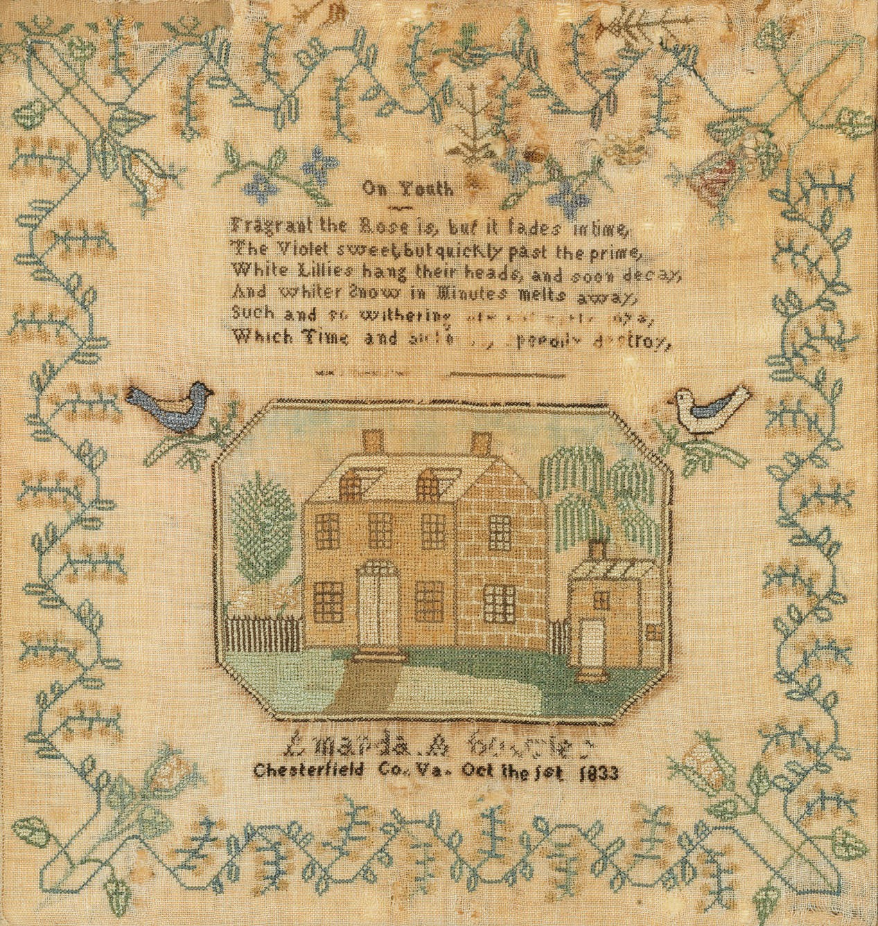 A SILK ON LINEN NEEDLEWORK SAMPLER