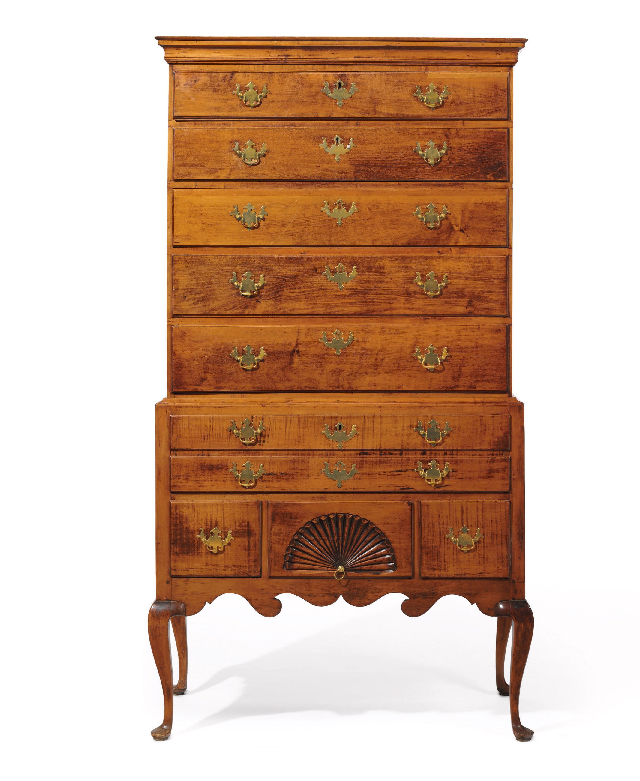 A QUEEN ANNE FIGURED MAPLE HIGH CHEST-OF-DRAWERS