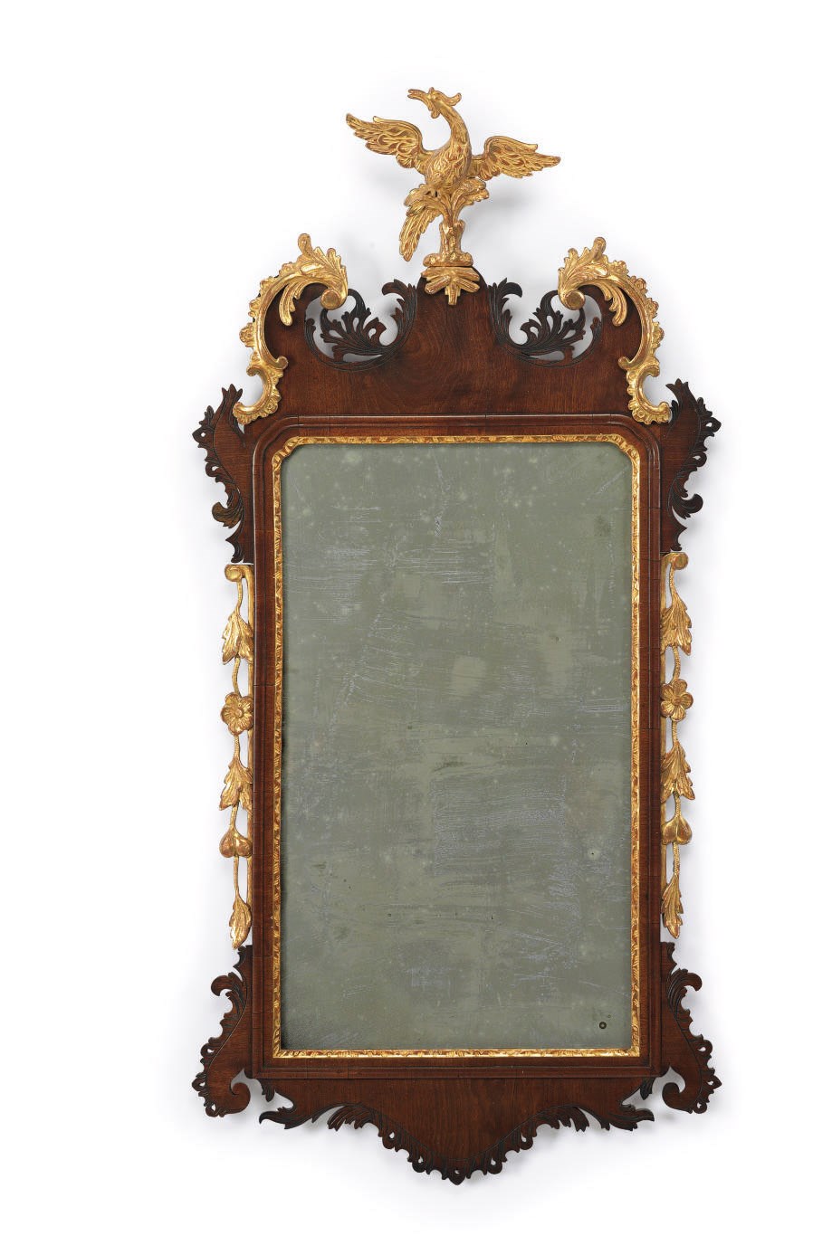 A CHIPPENDALE PARCEL-GILT WALNUT LOOKING GLASS