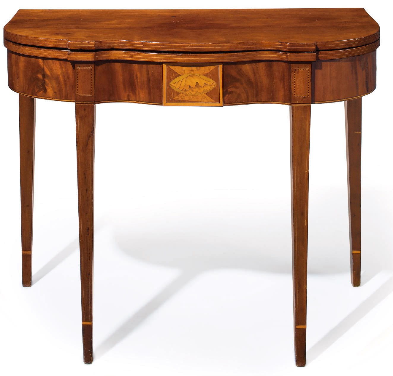 A FEDERAL INLAID MAHOGANY AND CHERRYWOOD SERPENTINE-FRONT CARD TABLE
