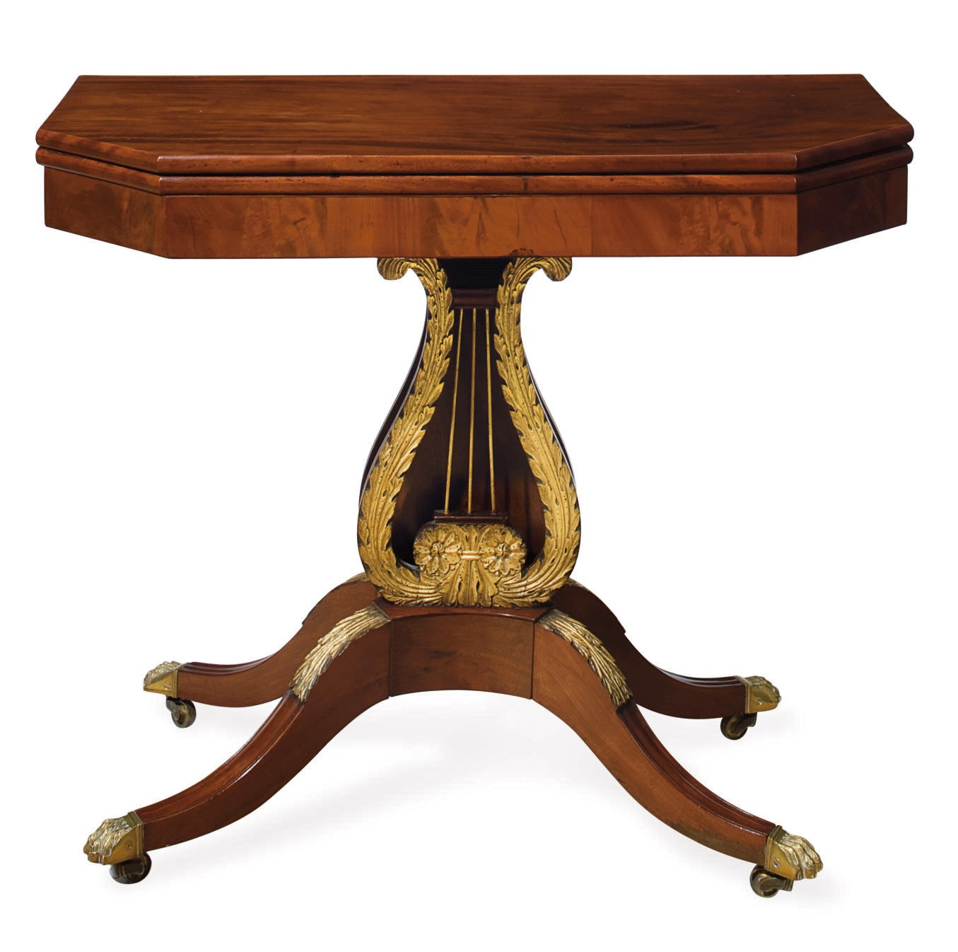A FEDERAL PARCEL-GILT AND CARVED MAHOGANY CARD TABLE