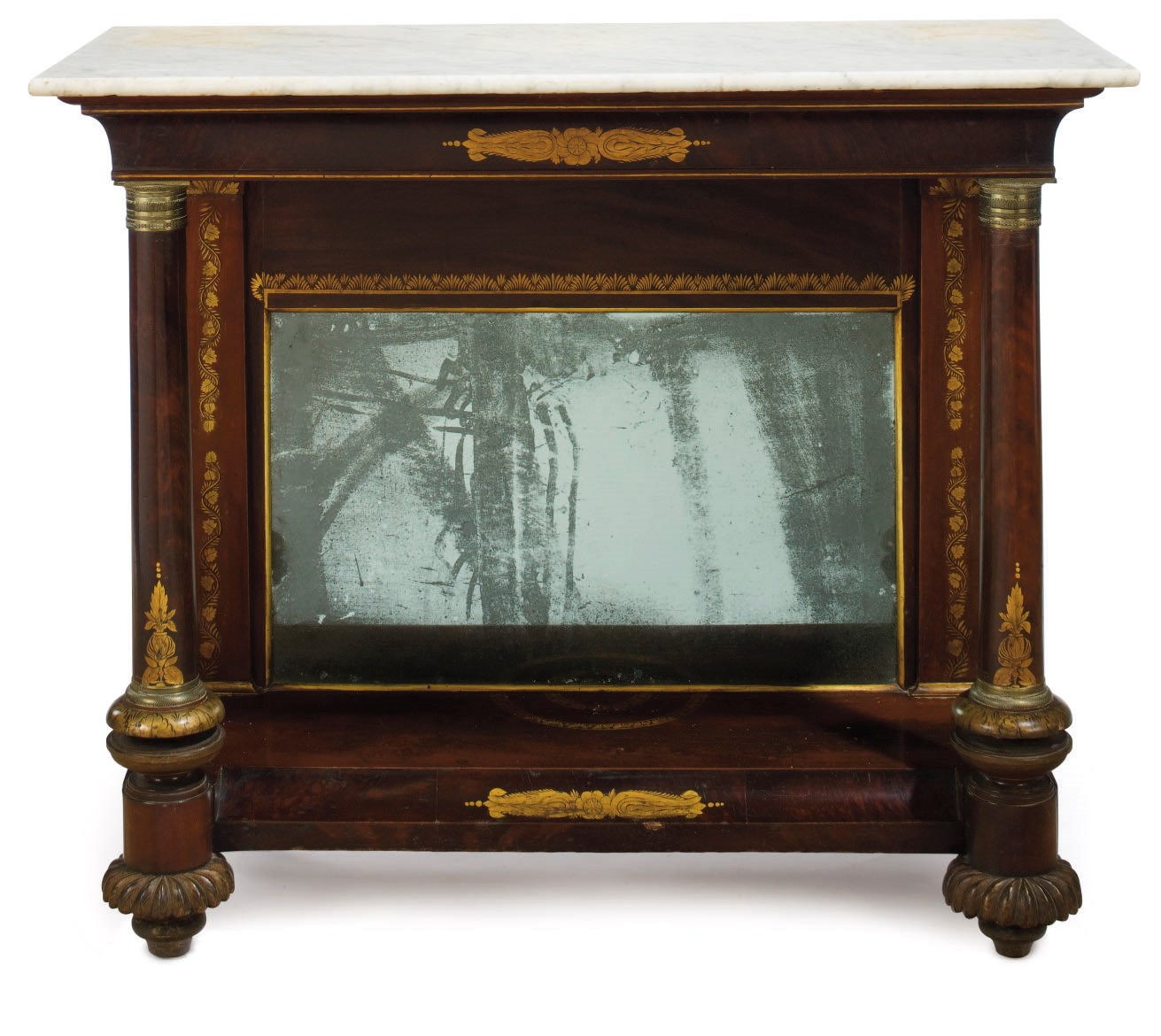 A CLASSICAL PARCEL-GILT AND STENCIL-DECORATED MAHOGANY MARBLE-TOP PIER TABLE