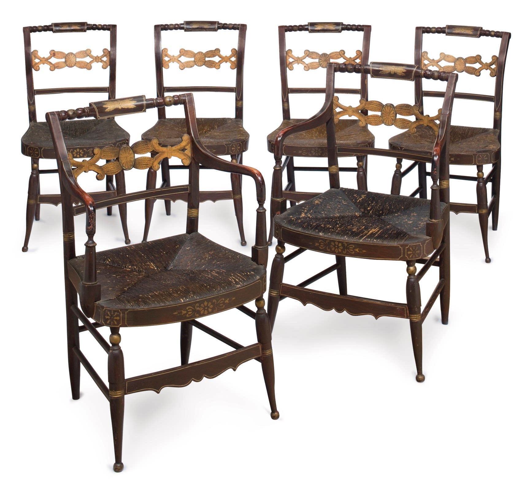 A SET OF SIX FEDERAL GRAIN-PAINTED AND STENCIL-DECORATED RUSH SEAT DINING CHAIRS