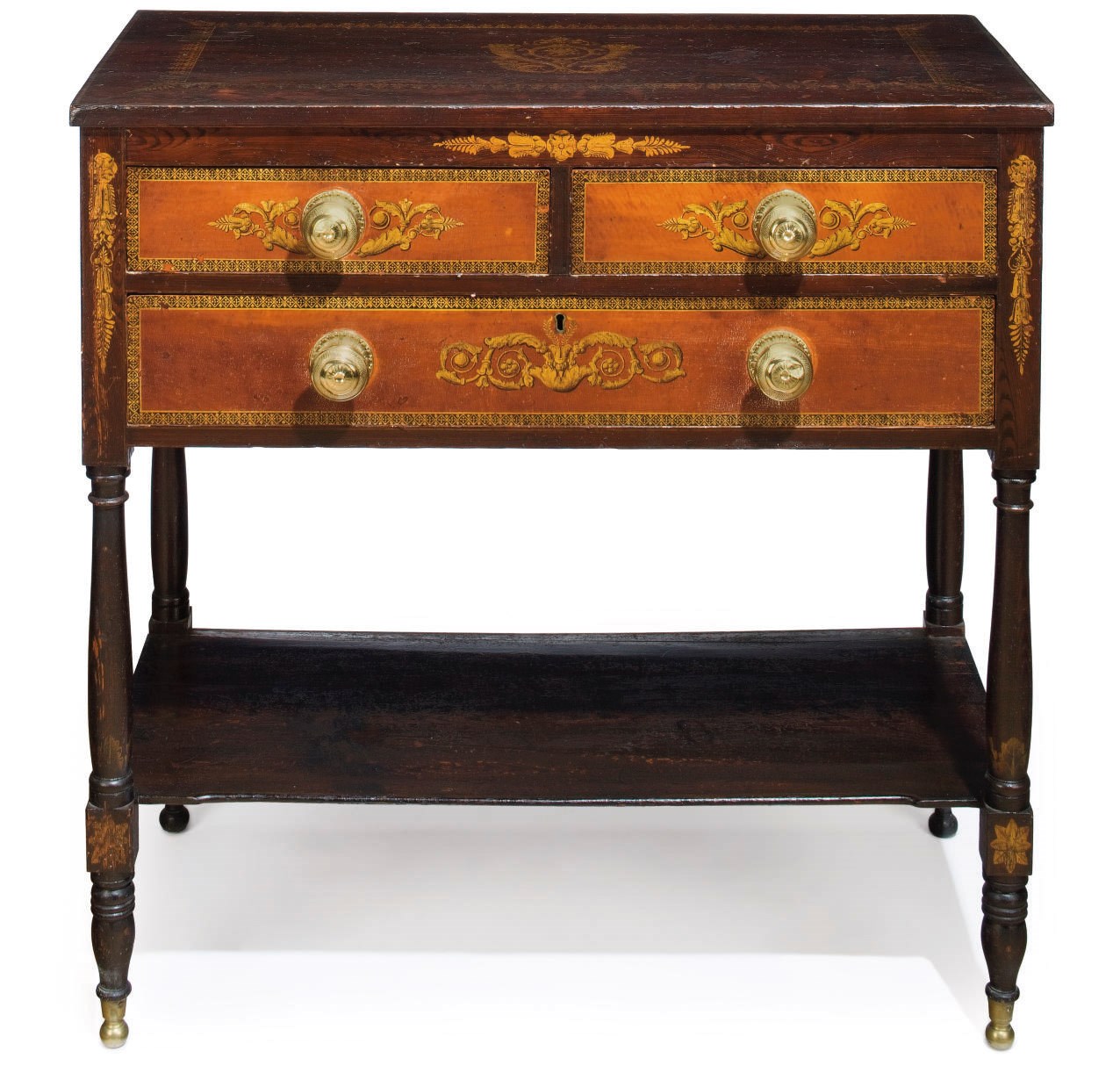A LATE FEDERAL GRAIN-PAINTED AND STENCIL-DECORATED MAHOGANY GENTLEMAN'S DRESSER