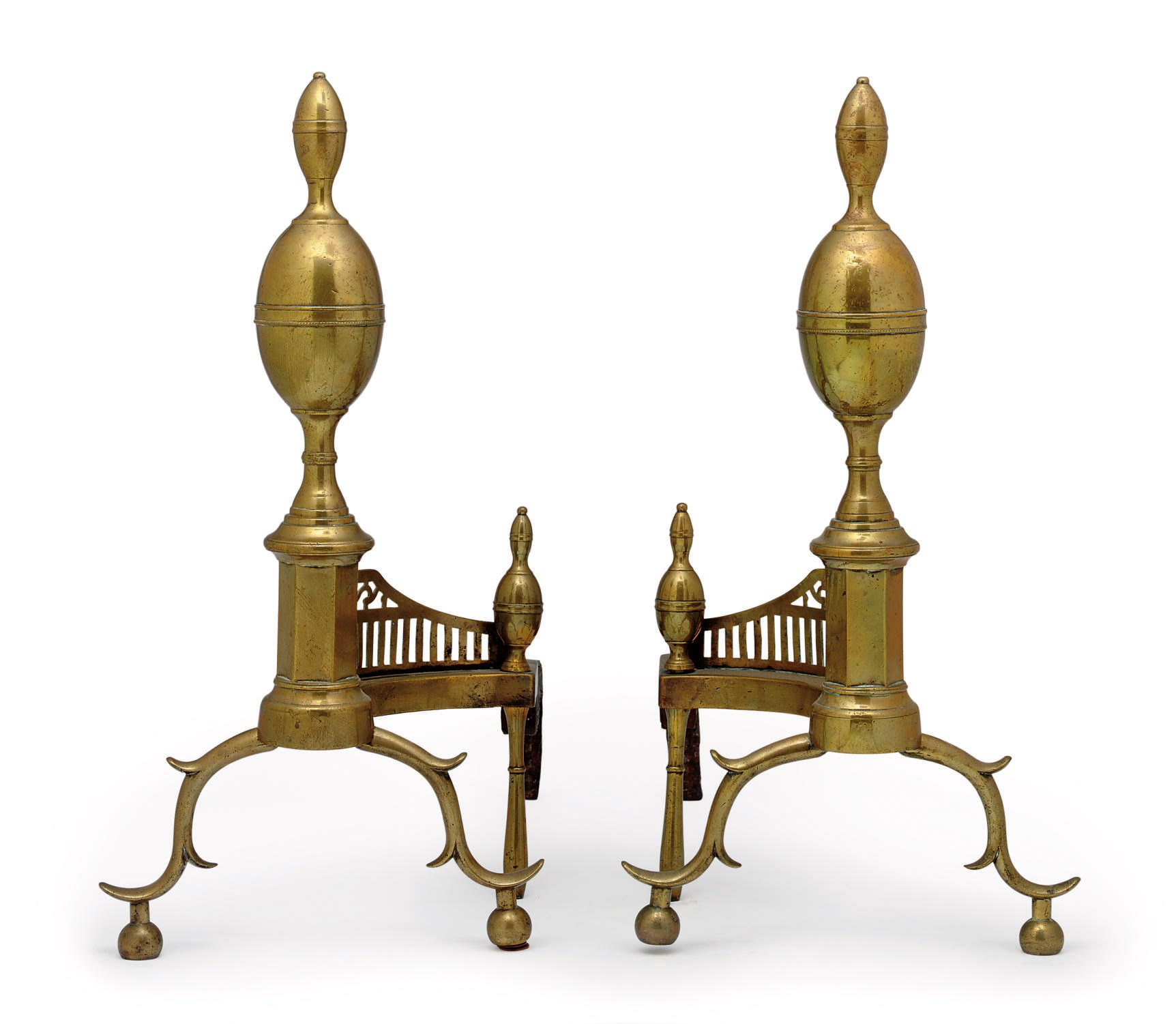 A PAIR OF FEDERAL CAST-BRASS DOUBLE LEMON-TOP ANDIRONS